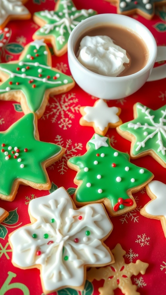 Decorated Christmas sugar cookies in festive shapes on a holiday table.
